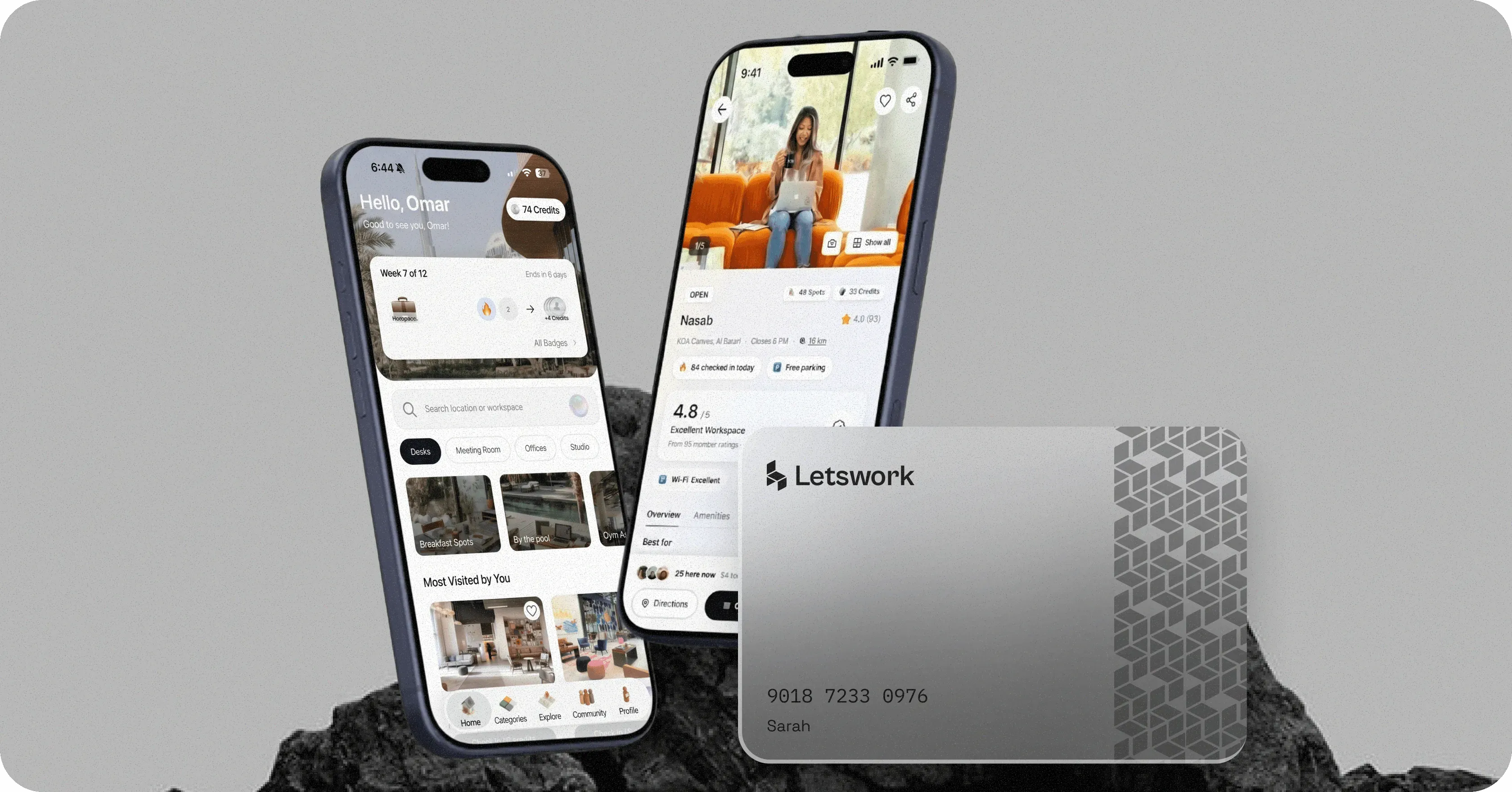 Letswork member card alongside iPhone mockups